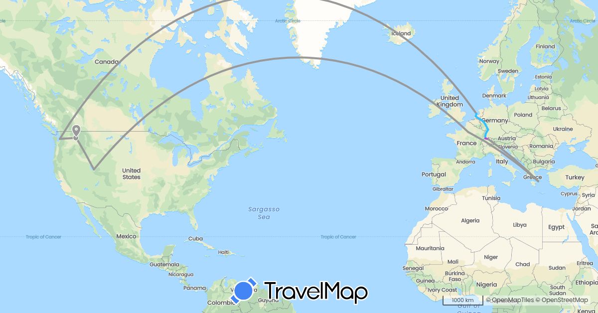 TravelMap itinerary: driving, plane, train, boat in Switzerland, Germany, France, Greece, Netherlands, United States (Europe, North America)